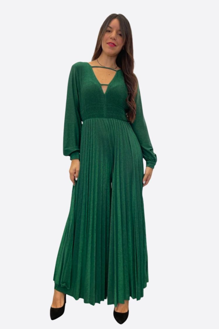 Pleated Lurex Jumpsuit Green-My Boutique