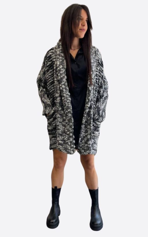 Women's Long Oversized Cardigan Grey/White/Silver Thread-My Boutique