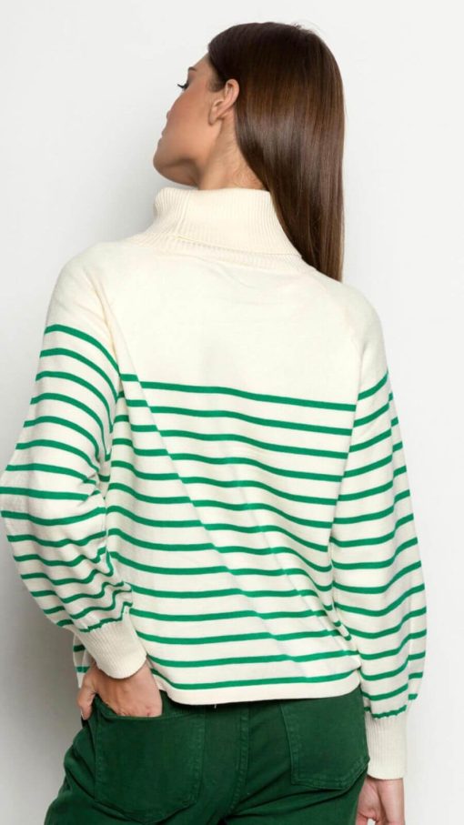 Women's Knitted Striped Ecru/Green Sweater-My Boutique