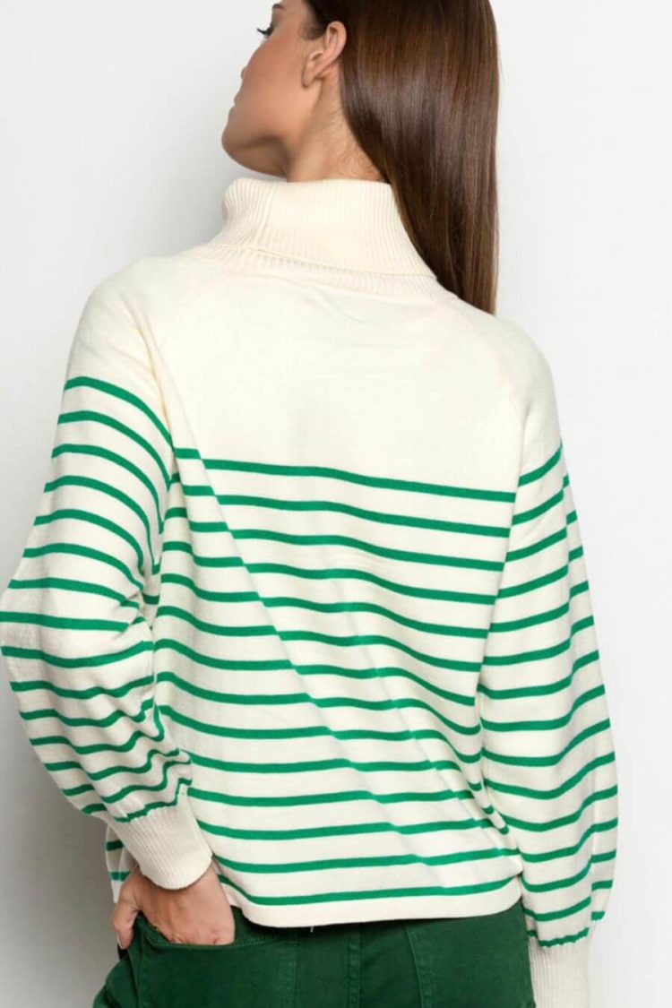 Women's Knitted Striped Ecru/Green Sweater-My Boutique