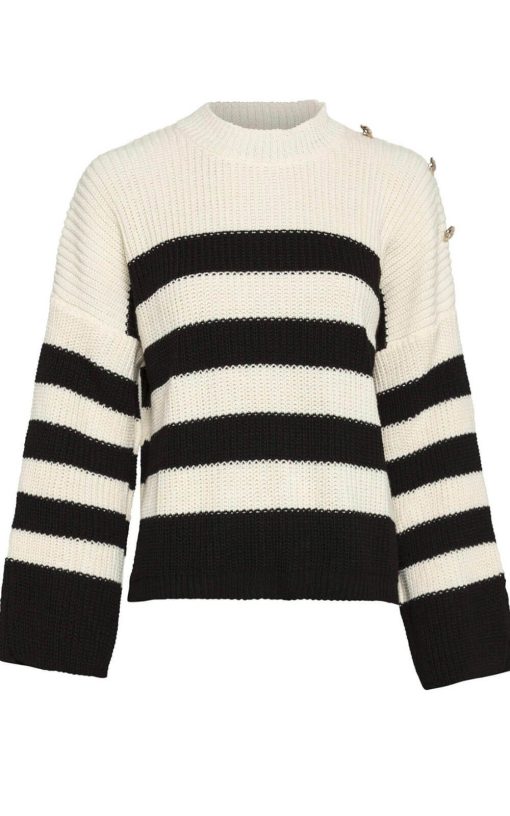 Women's Knitted Sweater With Decorative Buttons Black/White-My Boutique
