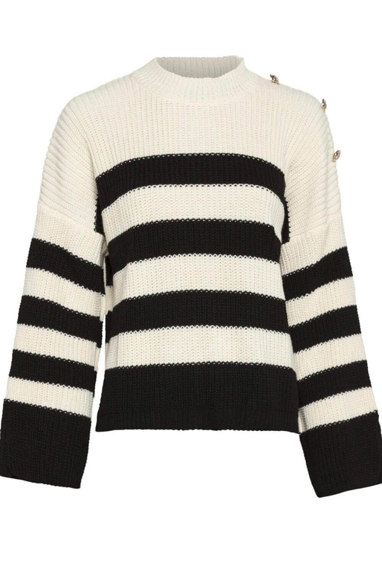 Women's Knitted Sweater With Decorative Buttons Black/White-My Boutique
