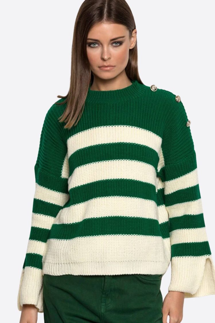 Women's Knitted Sweater With Decorative Buttons Green/White-My Boutique