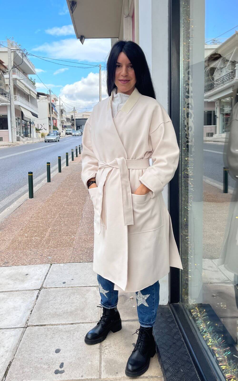 Παλτό Γυναικείο Με Ριπ Πλεκτό Στον Γιακά-My Boutique