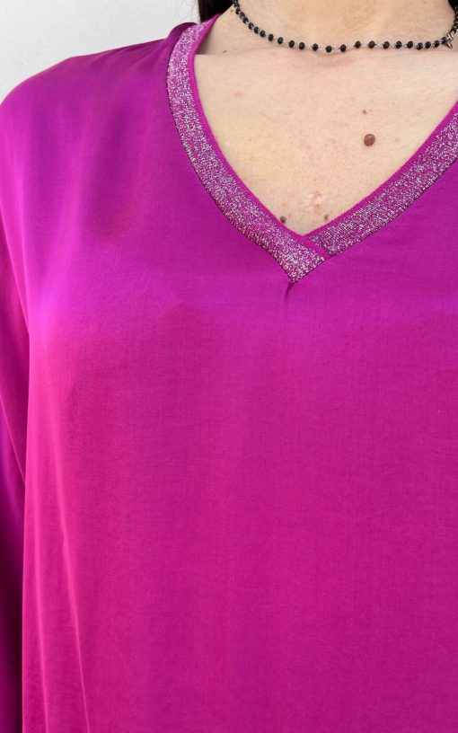 Fuchsia Women's V Neck Blouse-My Boutique