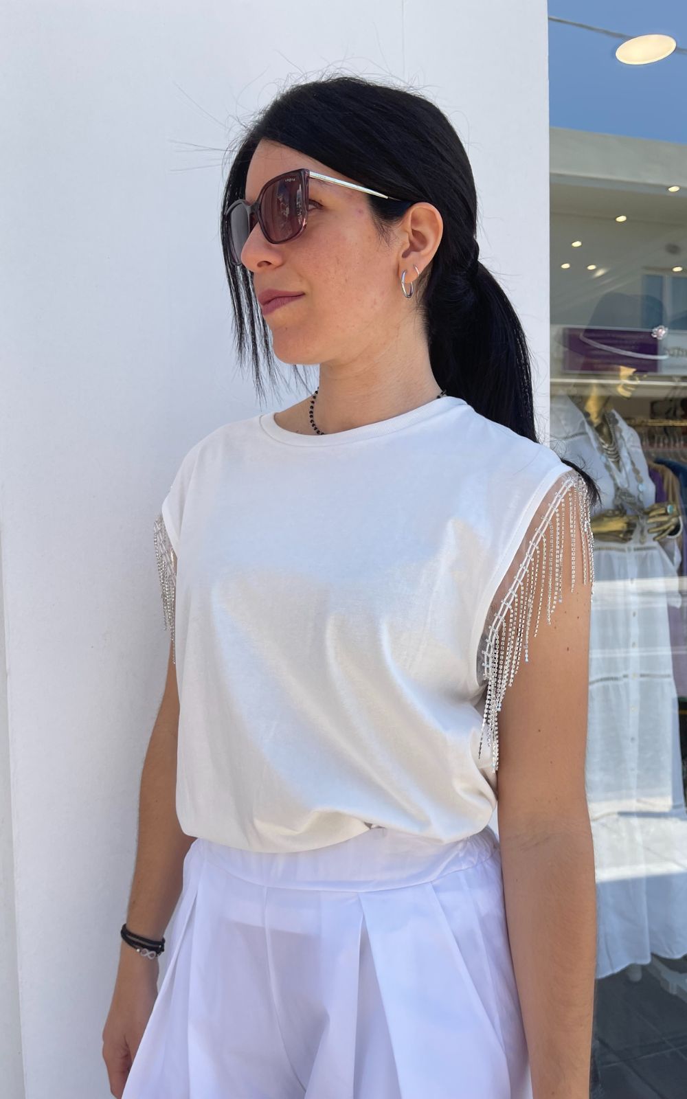 Μπλούζα Γυναικεία Με Κρόσσια Στα Μανίκια  Άσπρη-My Boutique