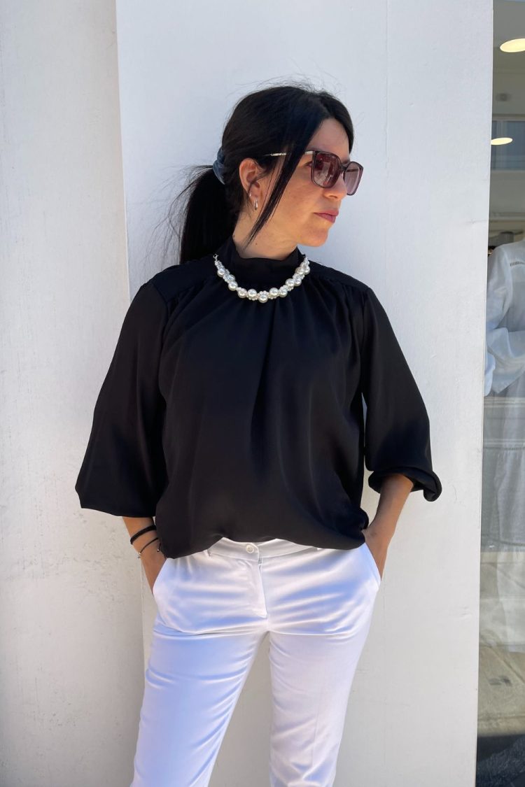 Women's Black Blouse With Detachable Pearl-My Boutique