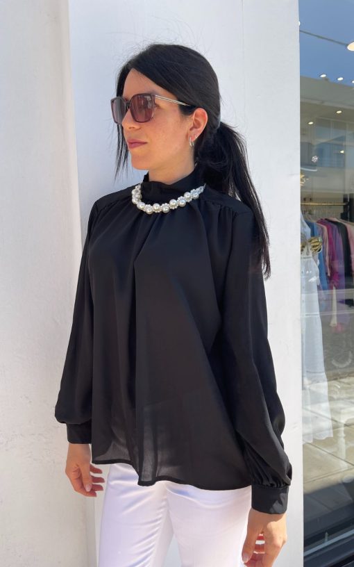 Women's Black Blouse With Detachable Pearl-My Boutique