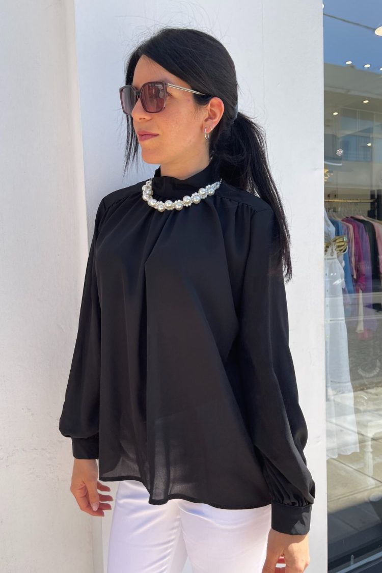 Μπλούζα Γυναικεία Μαύρη Με Αποσπώμενη Πέρλα-My Boutique