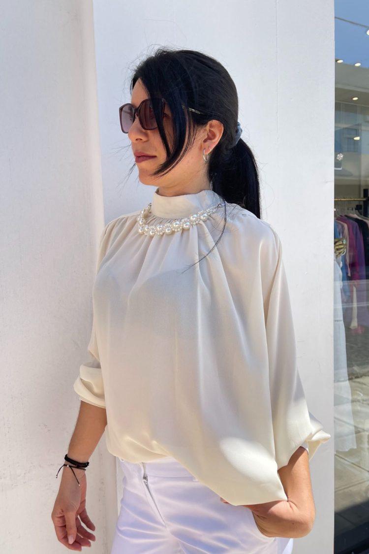 Μπλούζα Γυναικεία Εκρού Με Αποσπώμενη Πέρλα-My Boutique