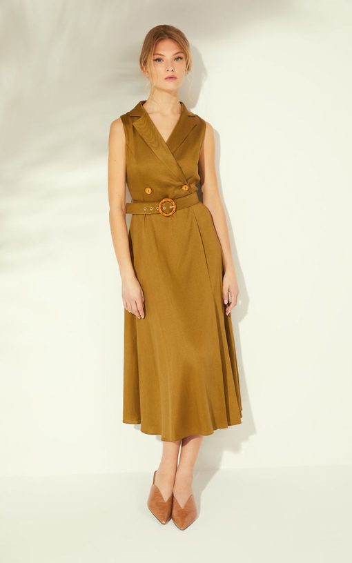 Olive Cross Dress with Lapel Collar & Belt-My Boutique