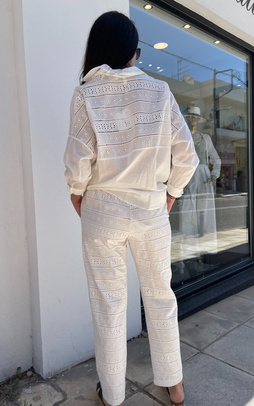 Παντελόνι Γυναικείο Με Διάτρητα Σχέδια Λευκό-My Boutique