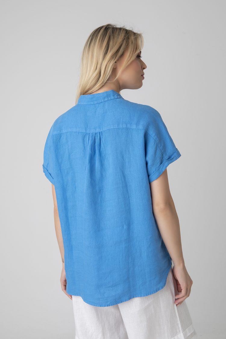 Shirt Women's Linen Short Sleeve Baby Blue-My Boutique