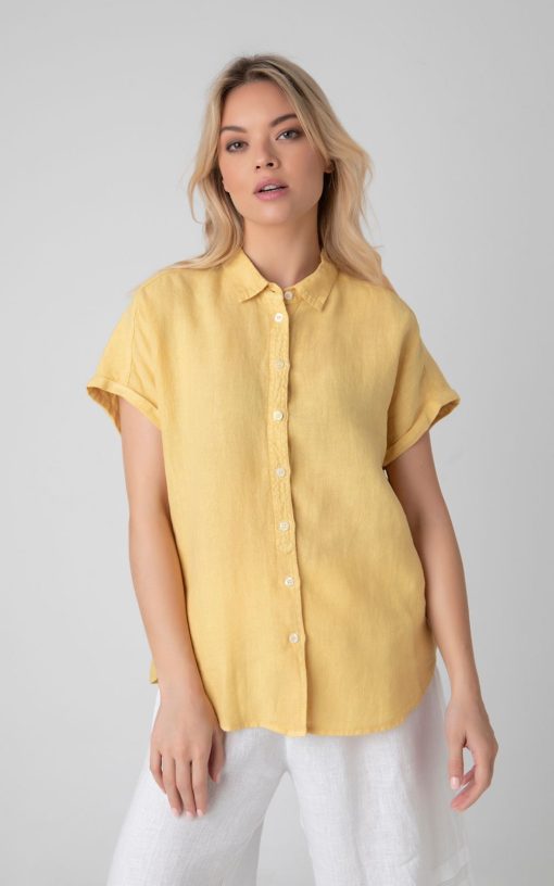 Yellow-My Boutique Women's Linen Short Sleeve Shirt