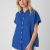 Blue-My Boutique Women's Linen Short Sleeve Shirt