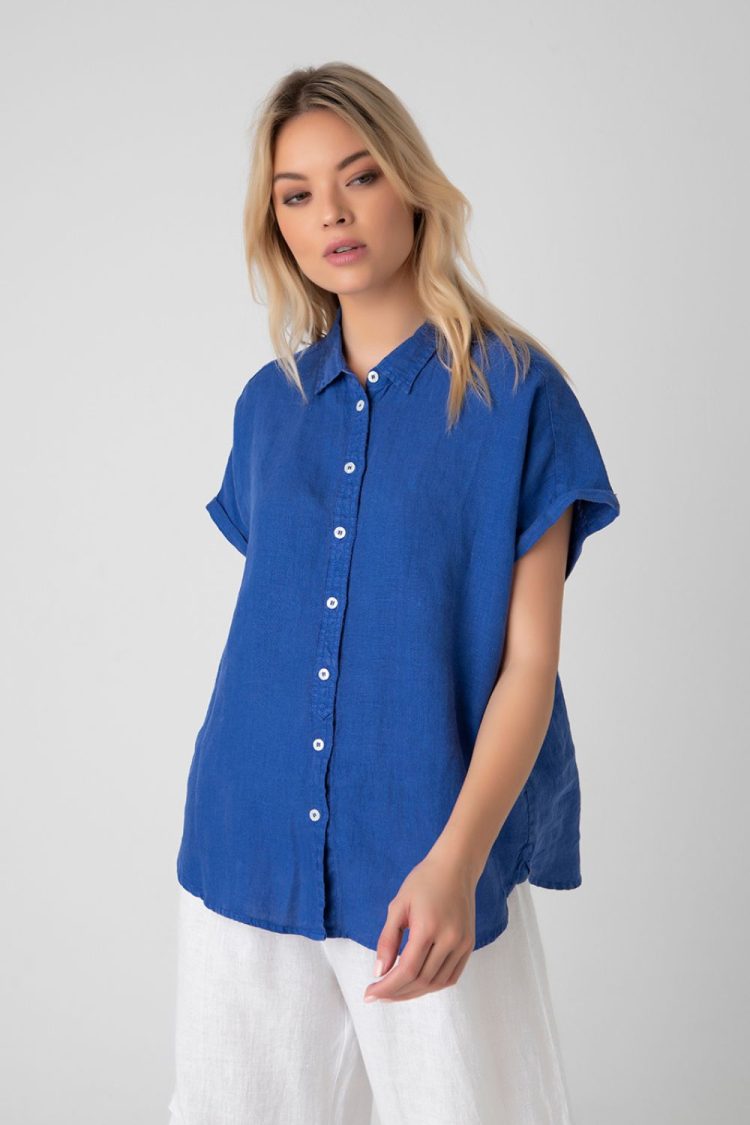 Blue-My Boutique Women's Linen Short Sleeve Shirt