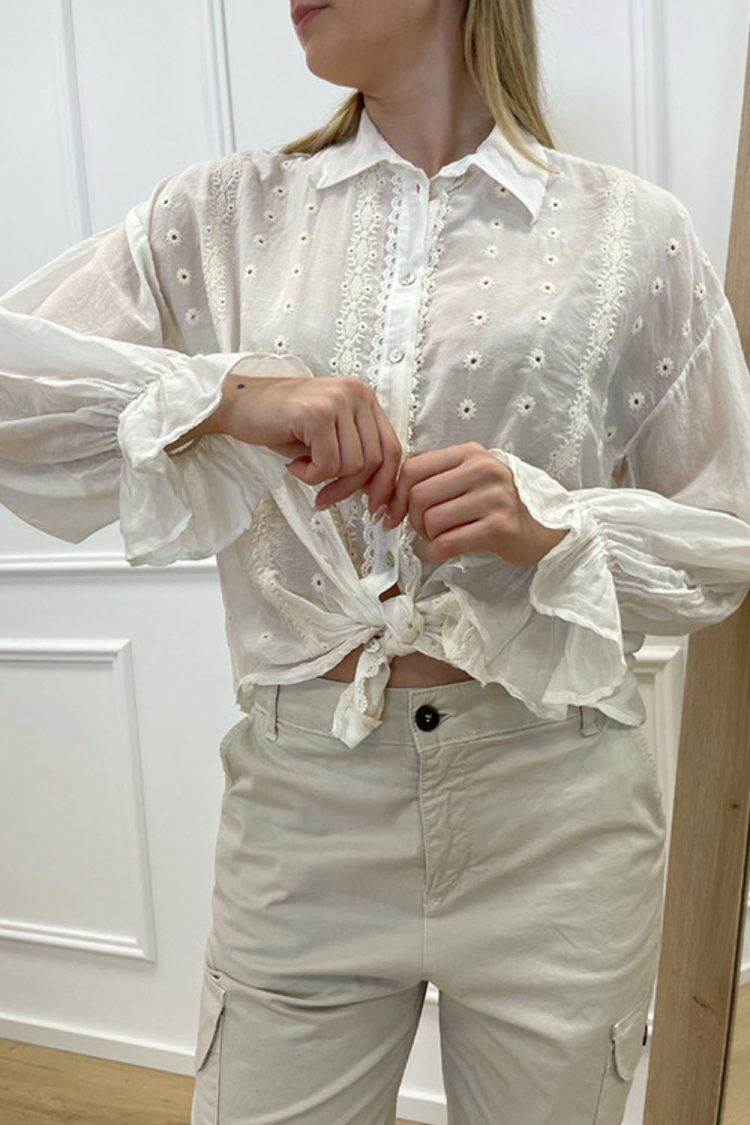 Women's White Shirt with Perforated Patterns-My Boutique