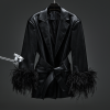 Eleh-My Boutique Women's Black Leather Jacket with Feathers
