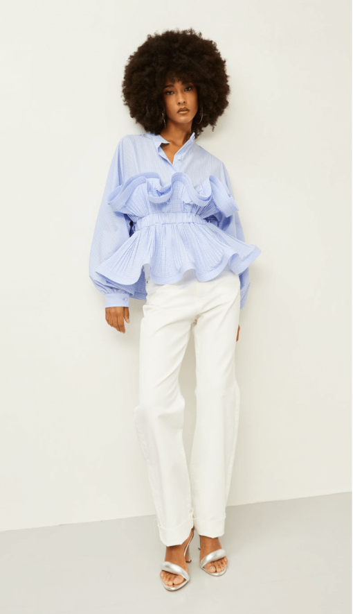 Women's Striped Blouse with Waist Detail Souvenir Blue-My Boutique