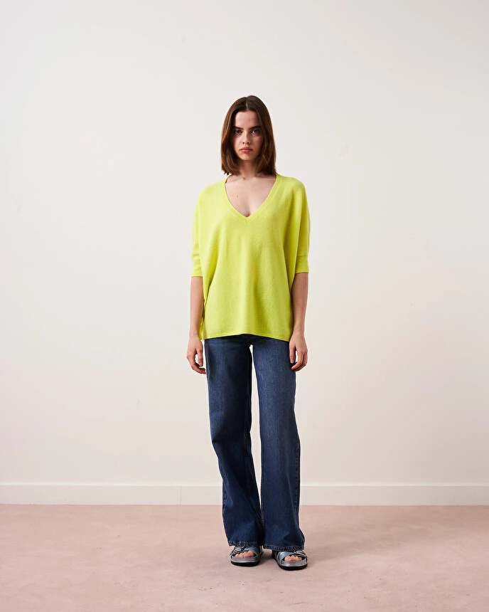 Women's Kate Absolut Cashmere Neon Yellow V-Neck Sweater-My Boutique