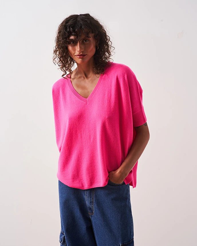 Women's Kate Absolut Cashmere Neon Pink V-Neck Sweater-My Boutique