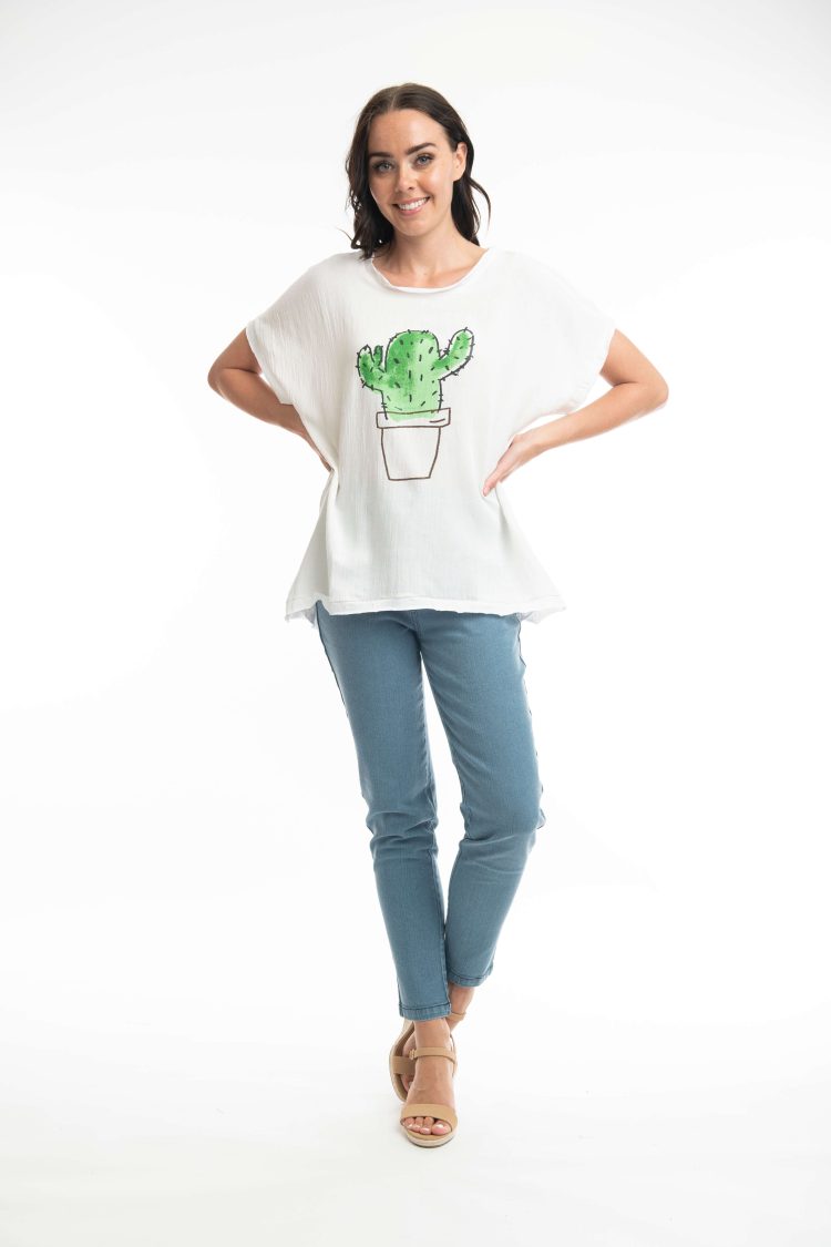 Women's Short-Sleeve Blouse with Cactus Print Orientique White-My Boutique