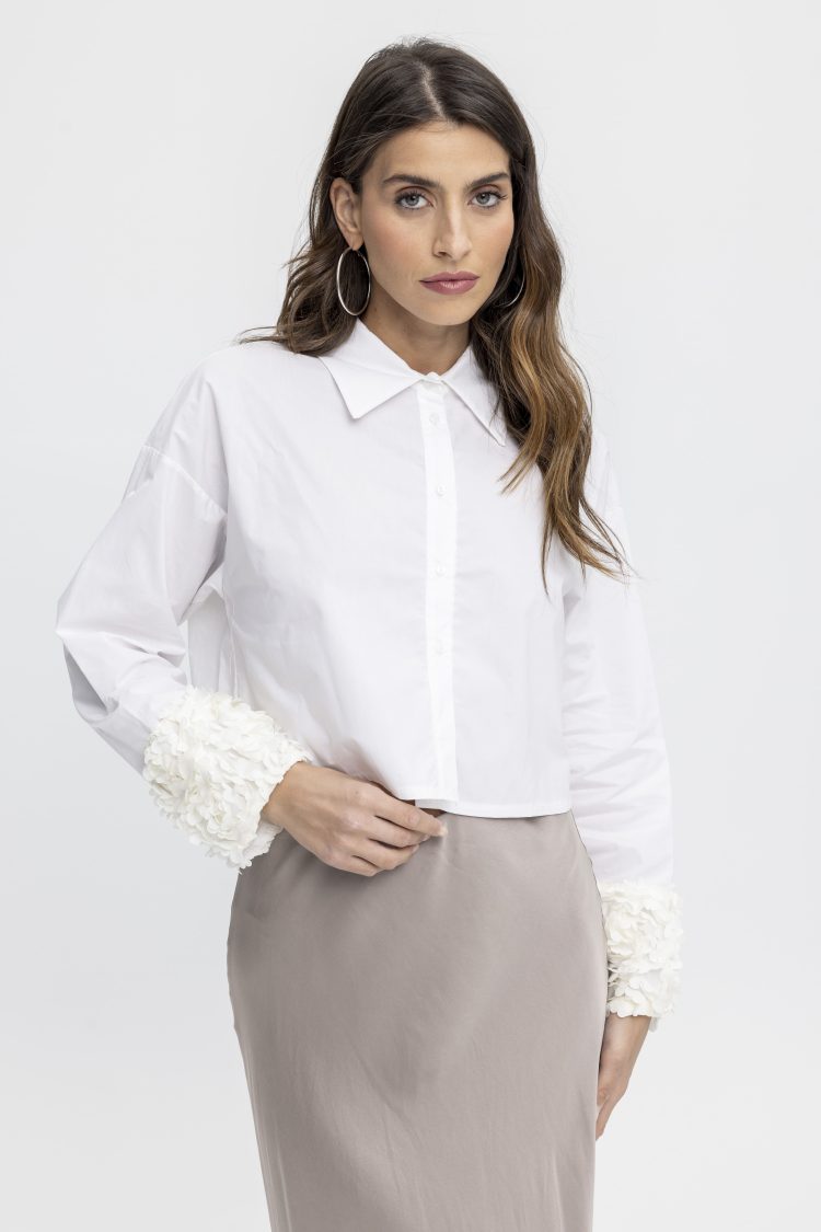 Women's Shirt with Tensione Sleeve Detail in White-My Boutique